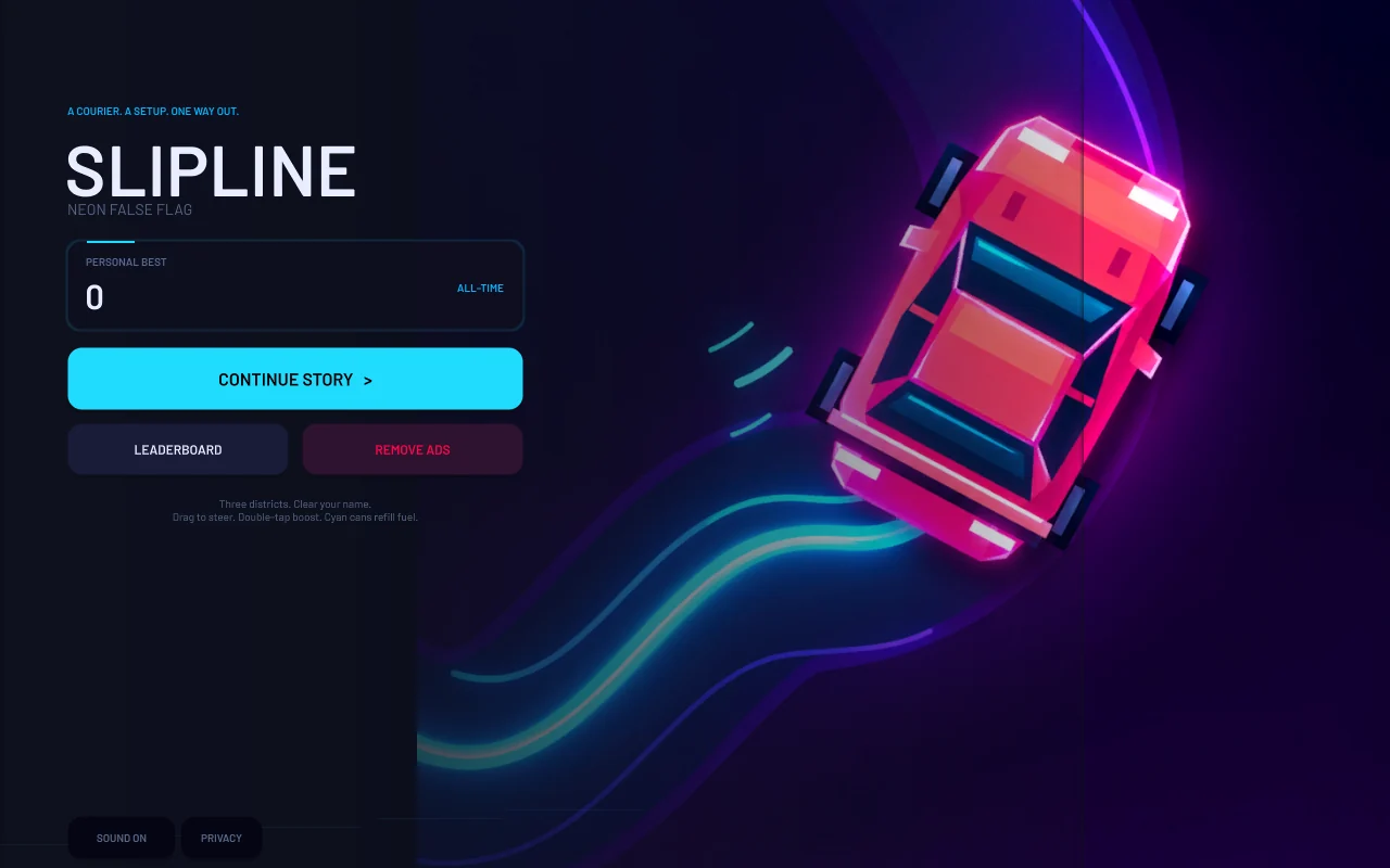 Slipline neon car and title-screen artwork